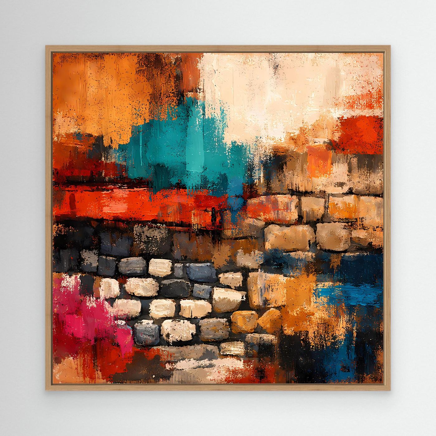 Wandbild mit abstrakter Steinmauer in orange, türkis, rot und blau, mit hellem Holzrahmen