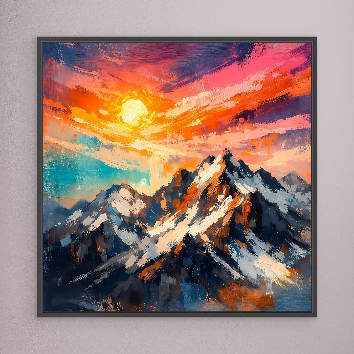 Leinwand Alpenglühen an verschneiten Berggipfeln | Abstraktes Gebirge Wandbild