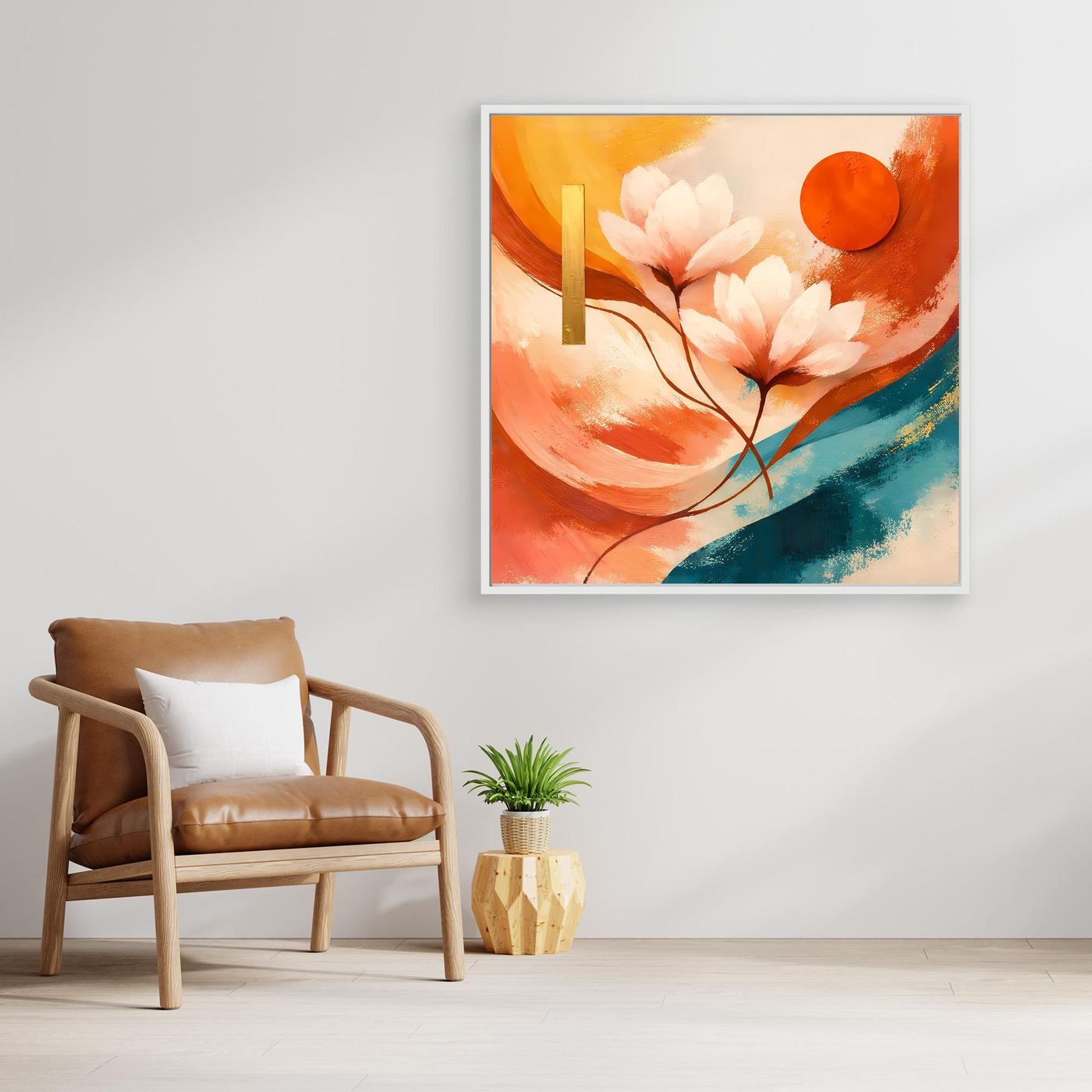 Gerahmtes Leinwandbild mit Lotusblüten, abstraktes Naturmotiv in Orange, Rosa und Türkis.