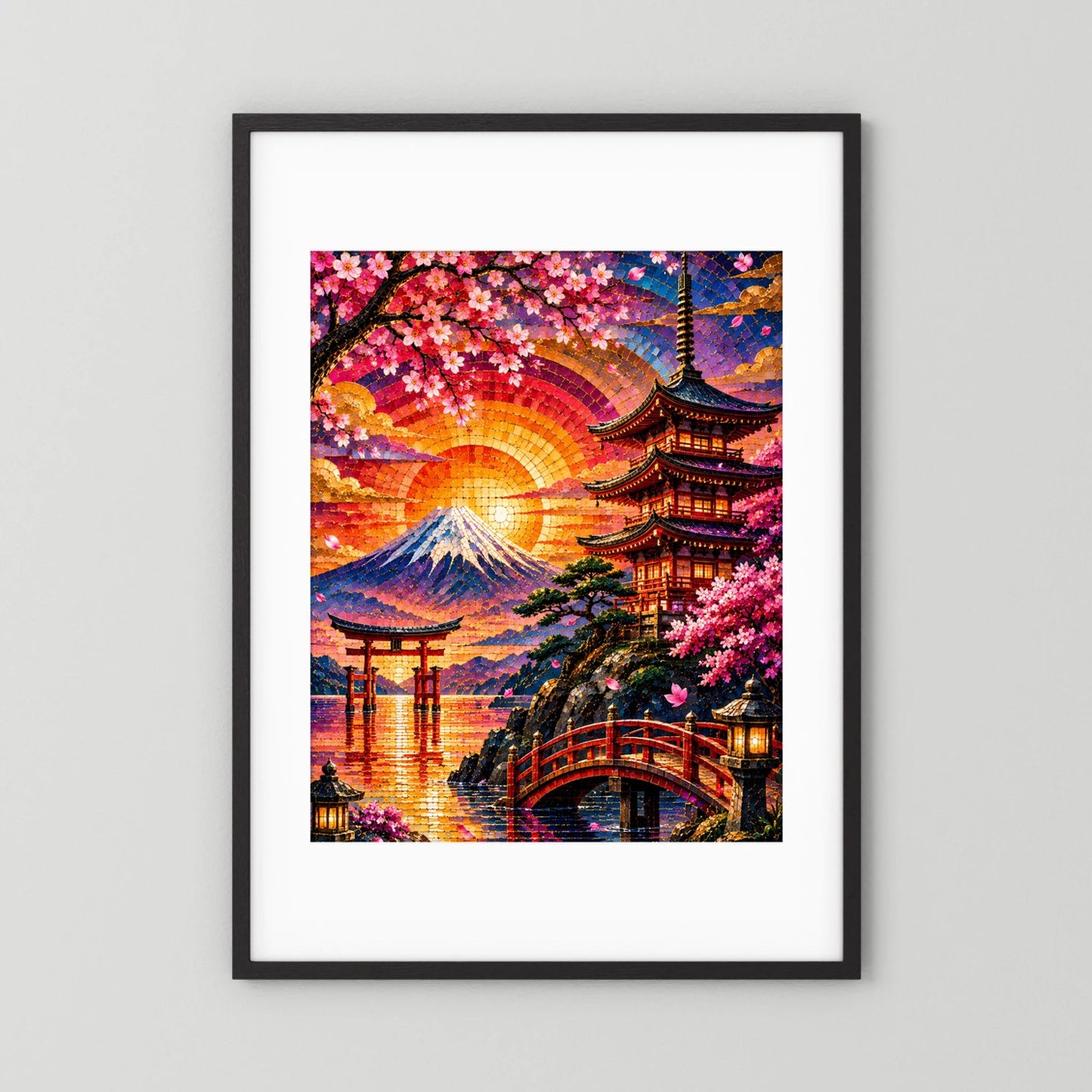 Hochformatiges Poster mit schwarzem Rahmen: mosaikartiges Bild von Fuji, Pagode und Kirschblüten