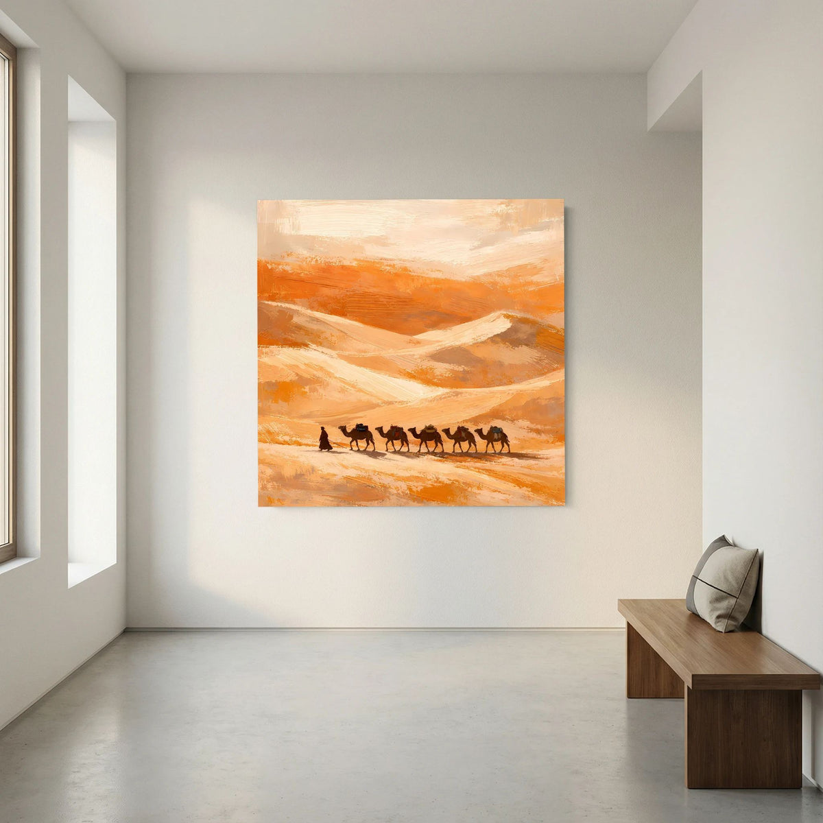 Leinwand-Wandbild mit hellem Holzrahmen: abstrakte Dünen in Orange, Karawane am Horizont