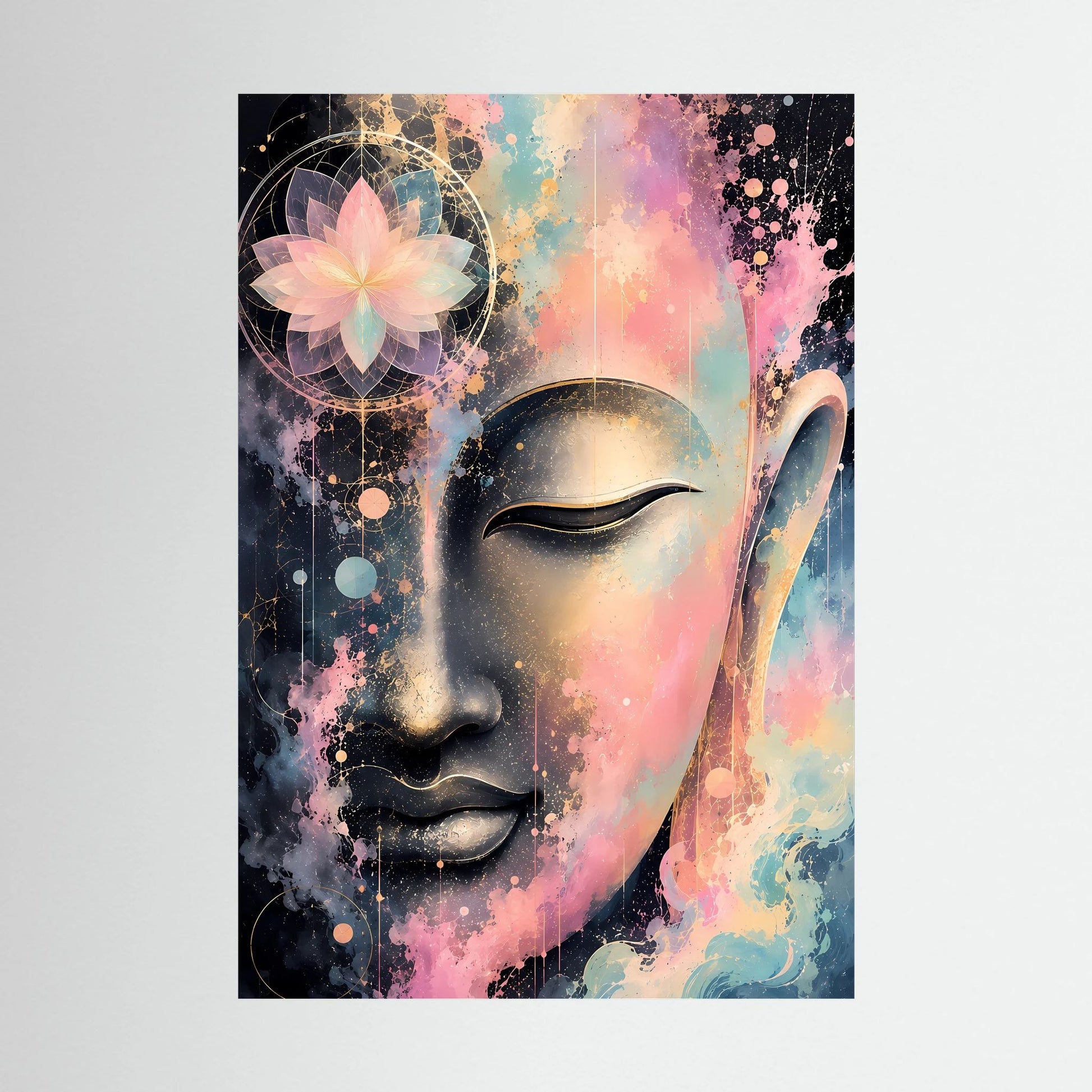 Abstraktes Buddha-Kunstposter im Hochformat: Gesicht in Pastell, Gold & Schwarz, mit schwarzem Rahmen
