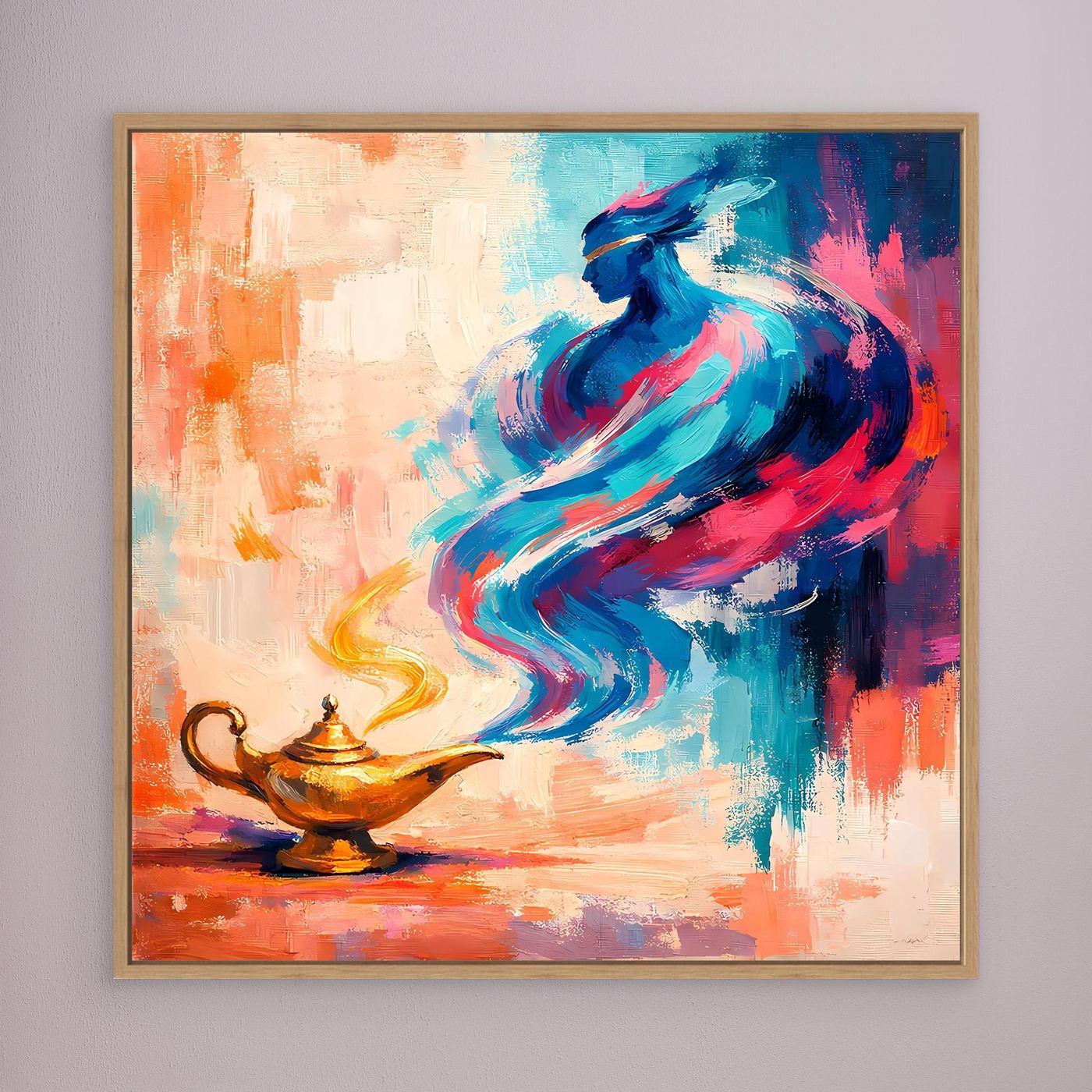 Wandbild mit abstraktem Flaschengeist, goldbraun gerahmte Leinwand, blaue und orange Farbfelder