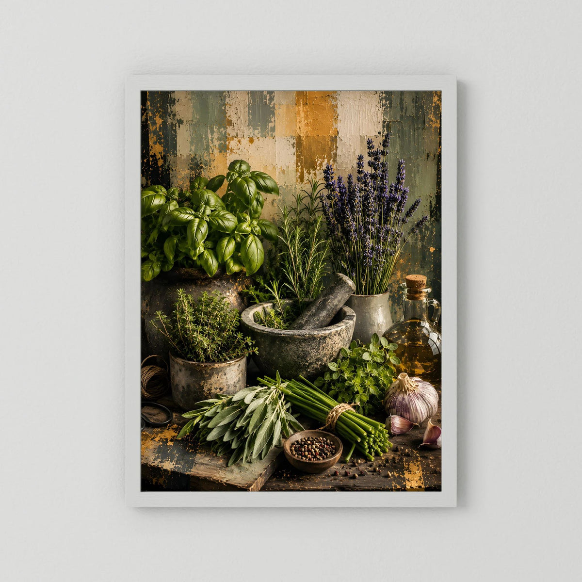 Küchenposter mit weißem Rand und Kräuterstillleben: Lavendel, Basilikum, Mörser