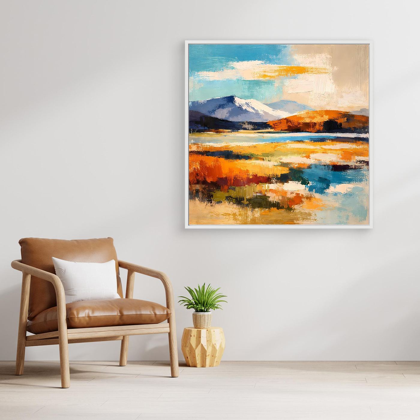 Leinwandbild mit abstrakter Berg- und Wasserlandschaft, hell gerahmt