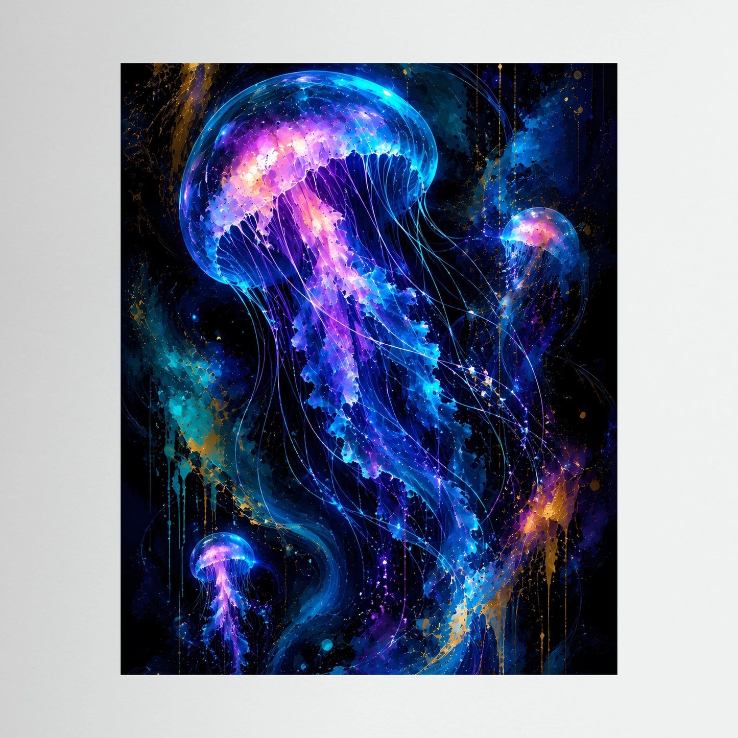 Poster mit leuchtenden Quallen in Neonblau und Violett, Hochformat ohne Rahmen