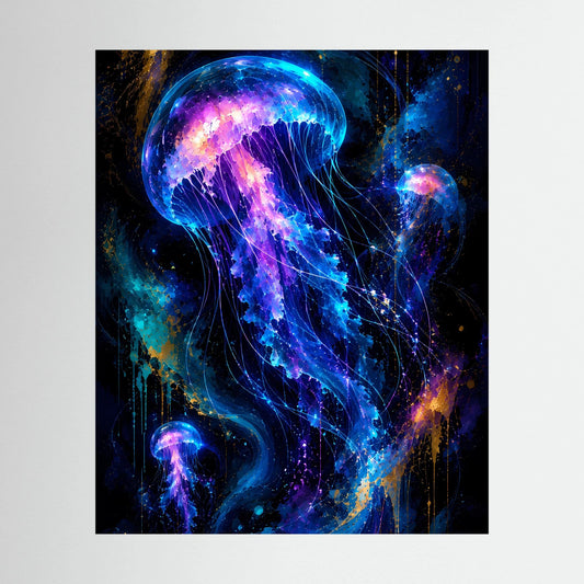 Poster mit leuchtenden Quallen in Neonblau und Violett, Hochformat ohne Rahmen