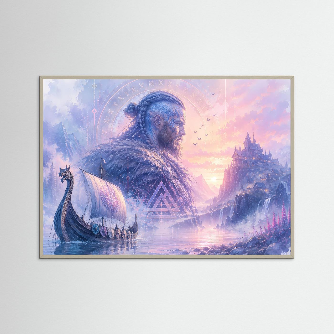 Mystischer Wikinger vor Nordischer Burg | Fantasy Viking Poster Querformat
