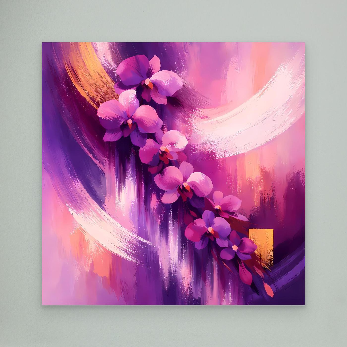 Leinwandbild mit abstrakten Orchideen in Lila- und Rosatönen, großer Bildausschnitt