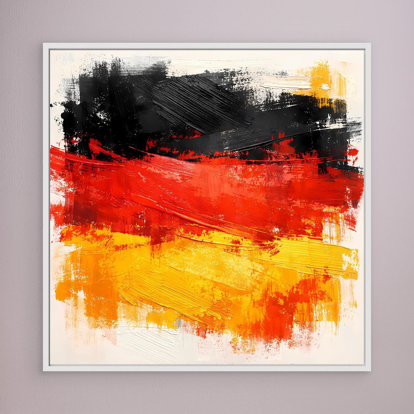 Abstract canvas wall art with black, red, and yellow brushstrokes in a gray frame
