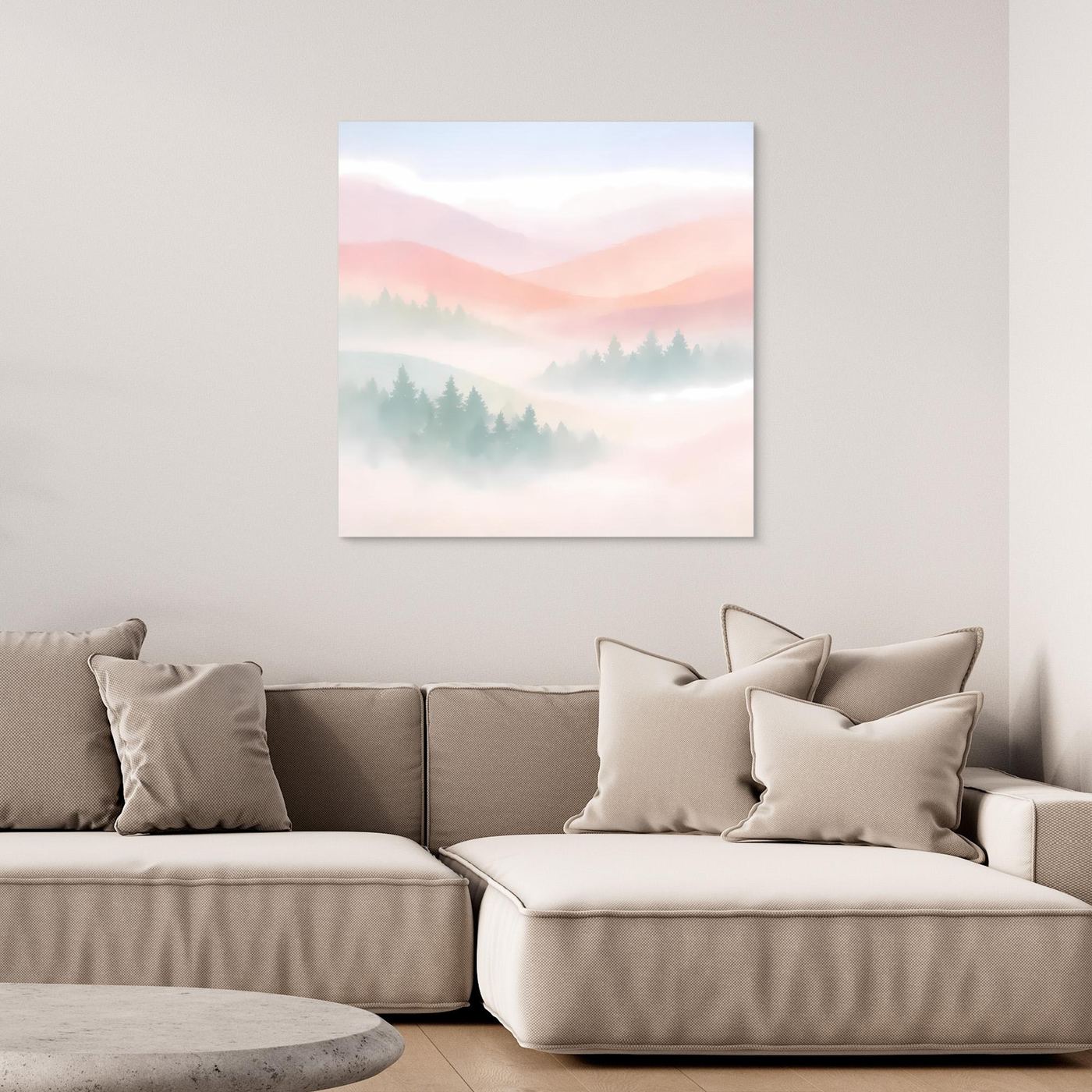 Leinwandbild mit pastellfarbenem Bergmotiv, neblige Wälder im Morgenlicht