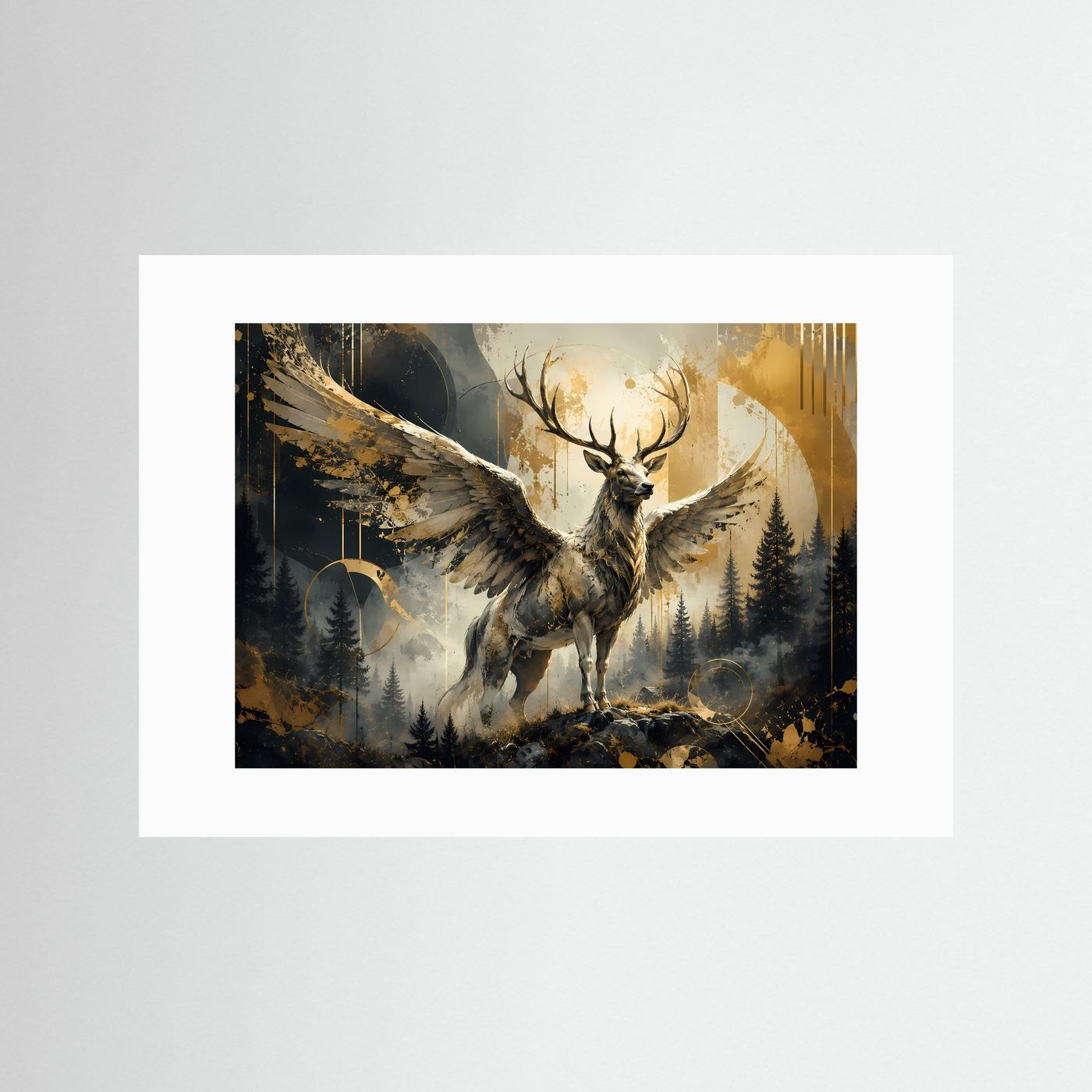Mystischer Hirsch mit Flügeln im Wald | Abstraktes Fantasy Poster in Schwarz, Weiß & Gold | Edles Wandbild Querformat