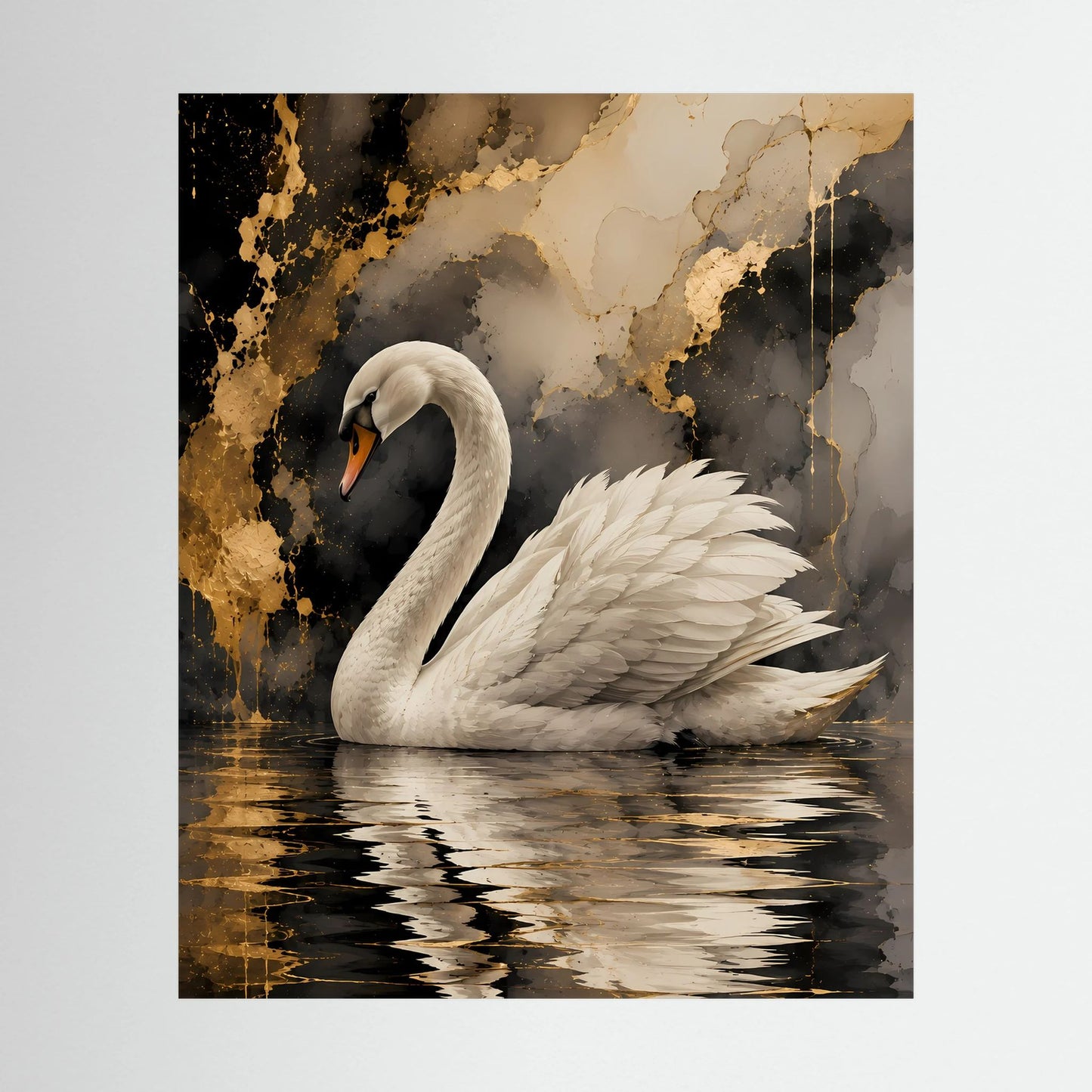 Poster mit weißem Schwan auf goldenem Wasser, Gold-Schwarz abstrakt, Hochformat