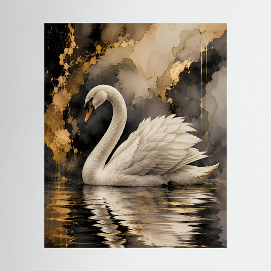 Poster mit weißem Schwan auf goldenem Wasser, Gold-Schwarz abstrakt, Hochformat