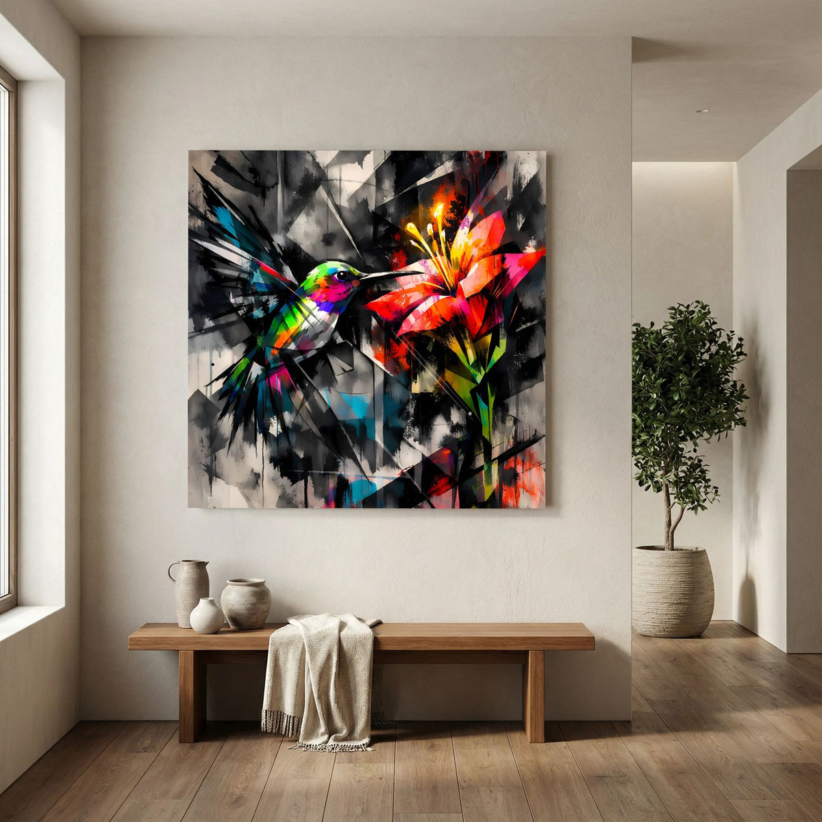 Keilrahmen-Leinwandbild mit Kolibri und leuchtender Blüte, grafische Farbflächen auf schwarz-grau
