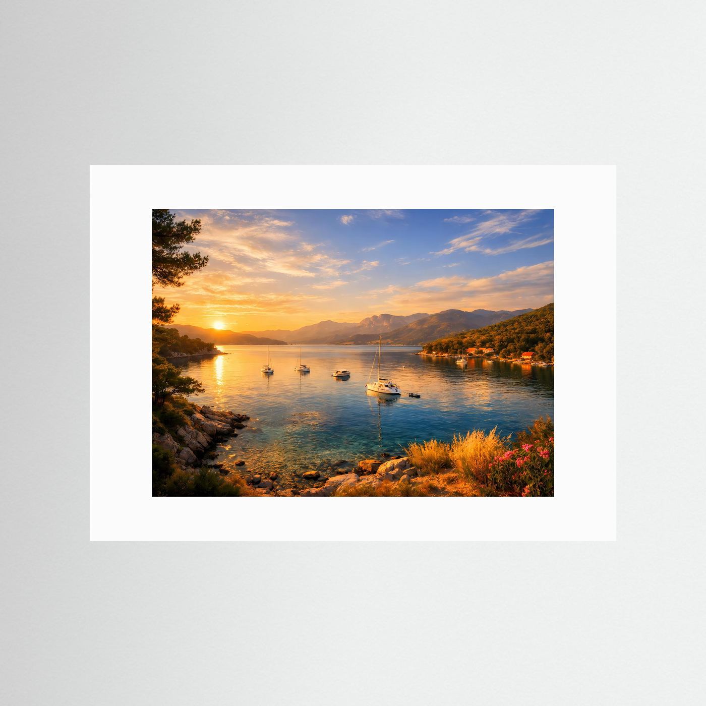 Goldener Sonnenuntergang in der Bucht | Panorama Segelboote & Meer Poster Querformat