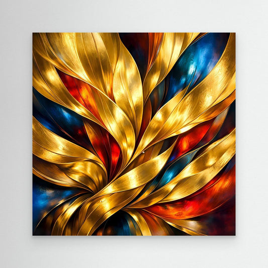 Leinwandbild mit abstraktem goldenem Wellenmotiv, ohne Rahmen, in Rot- und Blautönen