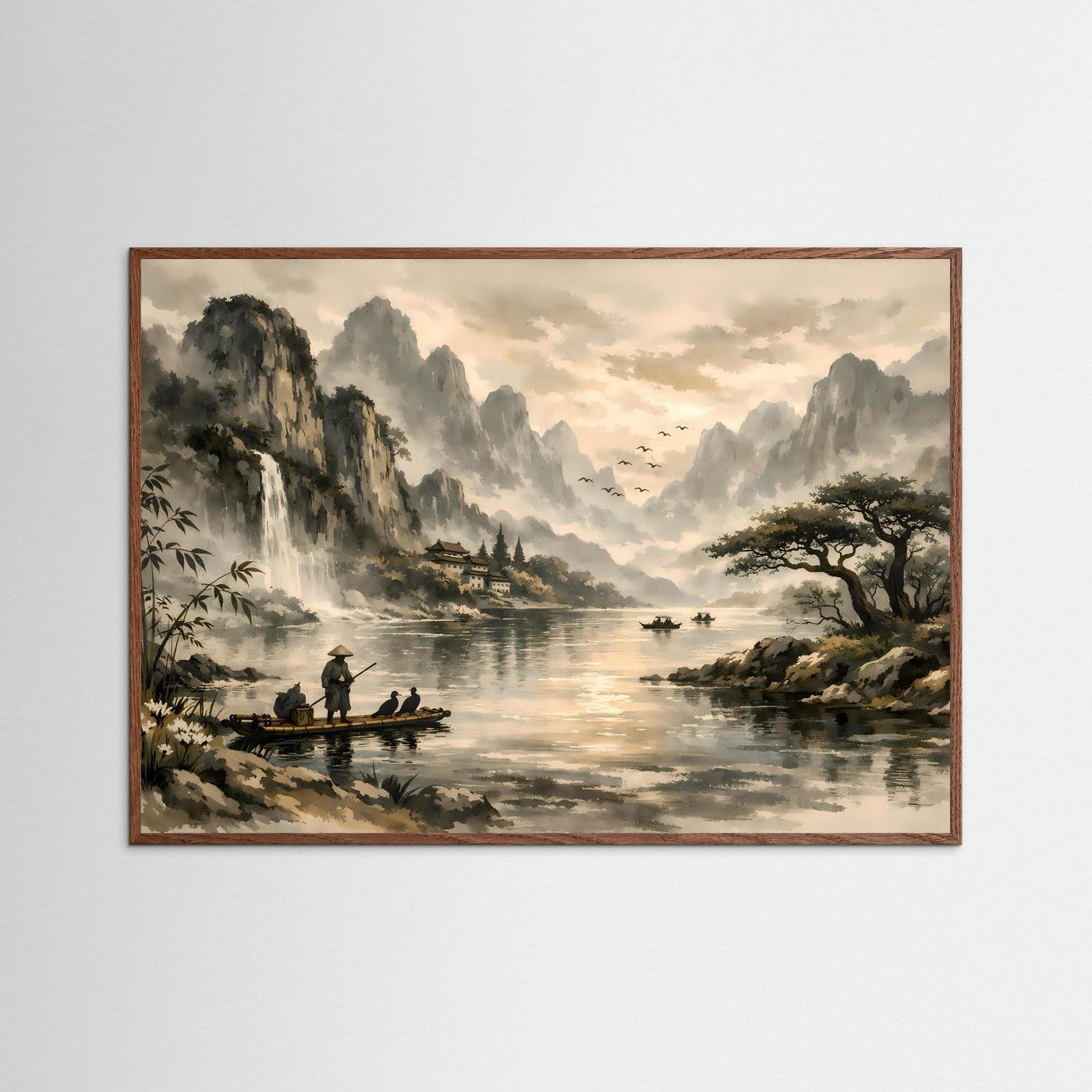 Traditionelle Asiatische Flusslandschaft | Sepia & Natur Kunst Poster Querformat