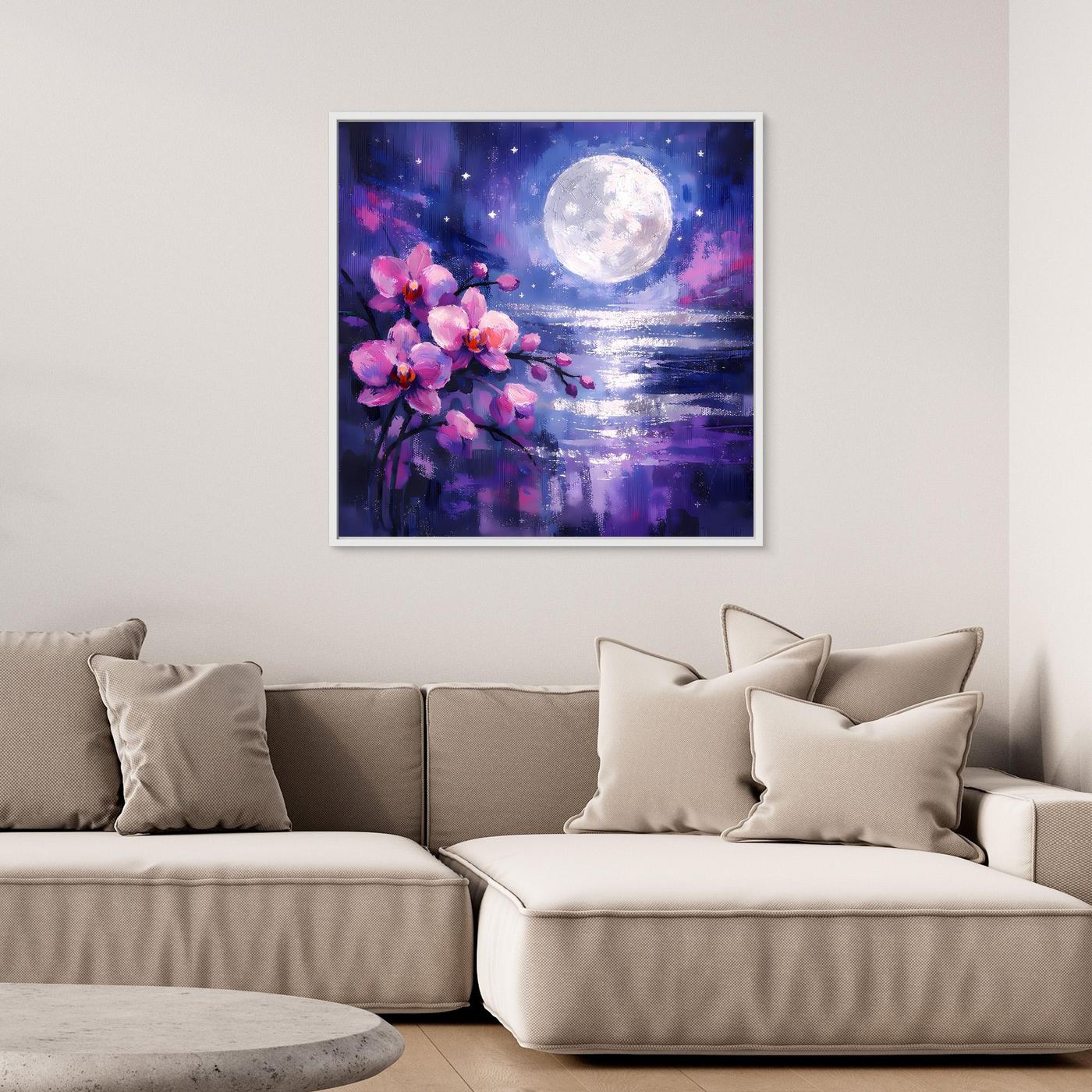 Leinwand-Wandbild: rosa Orchideen im Vordergrund, Vollmond, reflektierendes Wasser