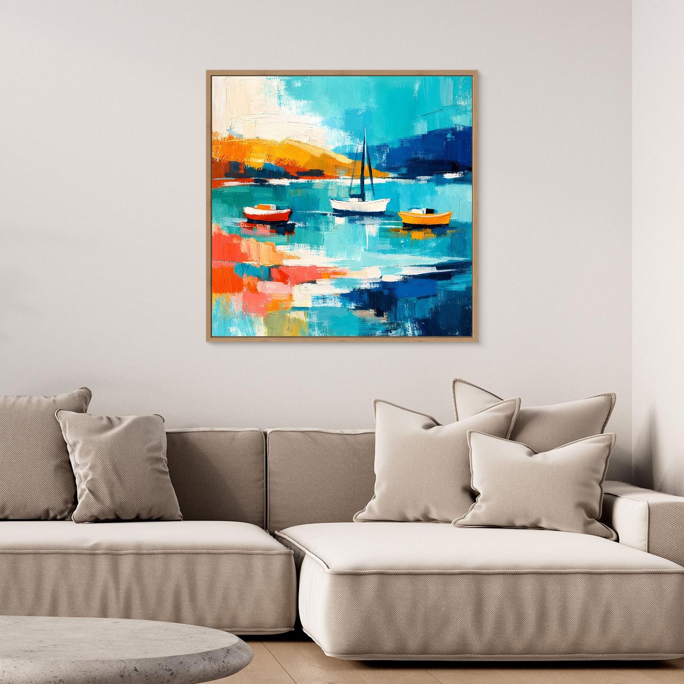 Abstract sailboat wall art in a light oak frame with blue water and orange boats