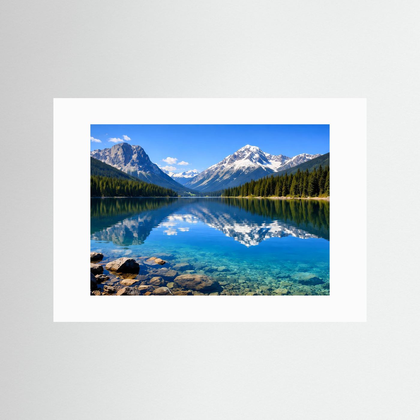 Naturposter im Querformat mit weißem Passepartout: Alpensee mit Spiegelung