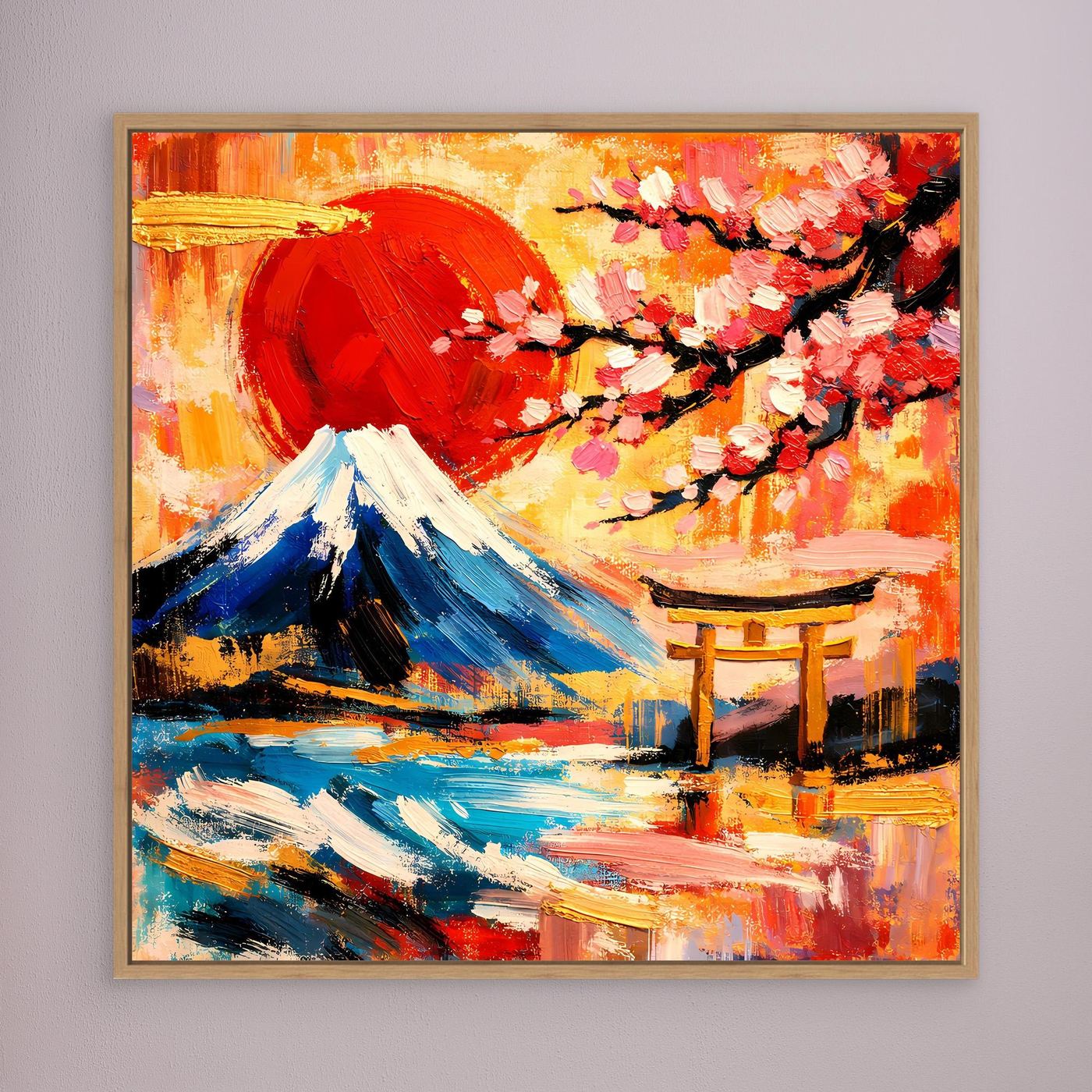 Leinwandbild mit hellem Holzrahmen: Fuji in Rot, Kirschblüten, Torii
