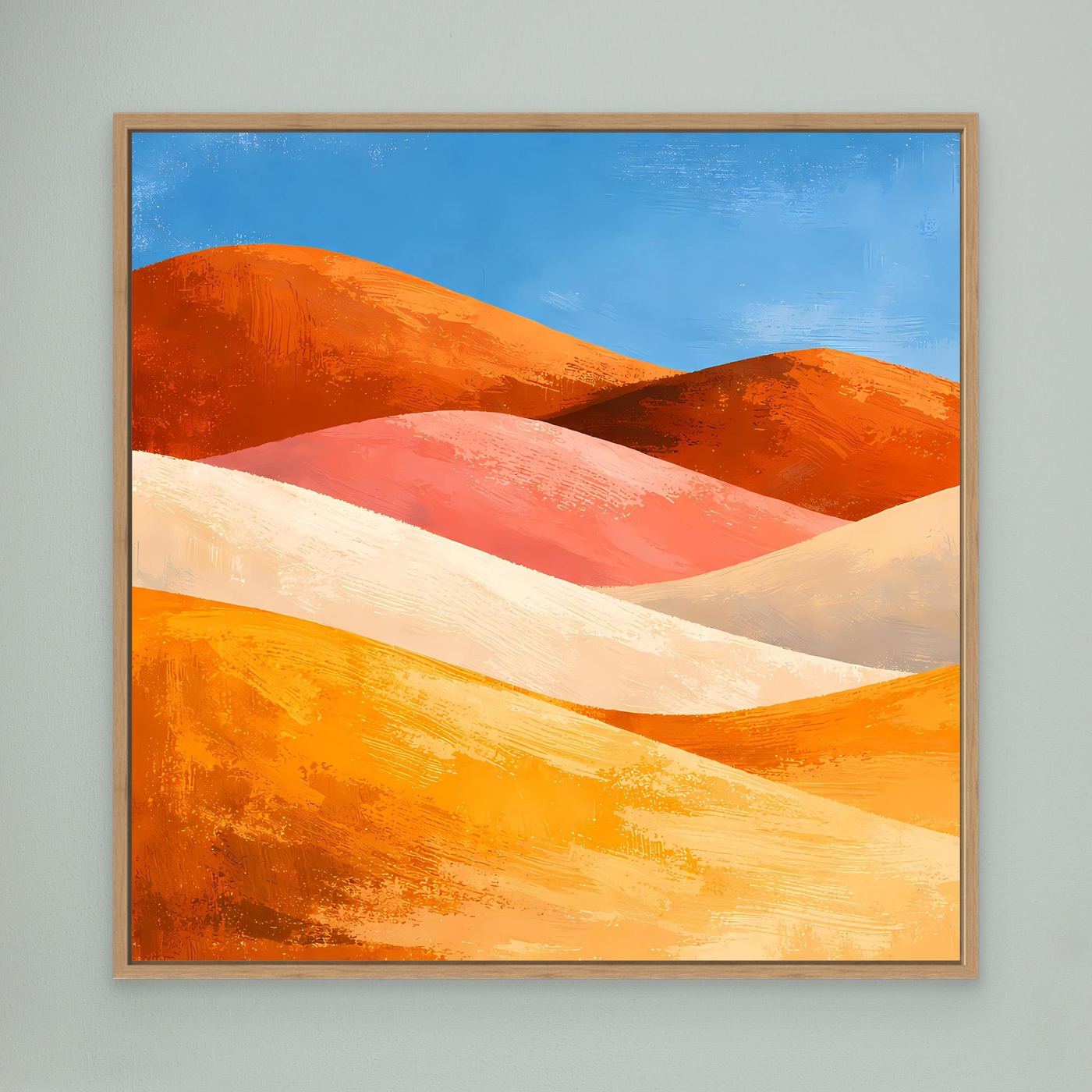 Leinwand-Wandbild mit Holzrahmen und abstrakten Dünen in warmen Orange- und Beigetönen