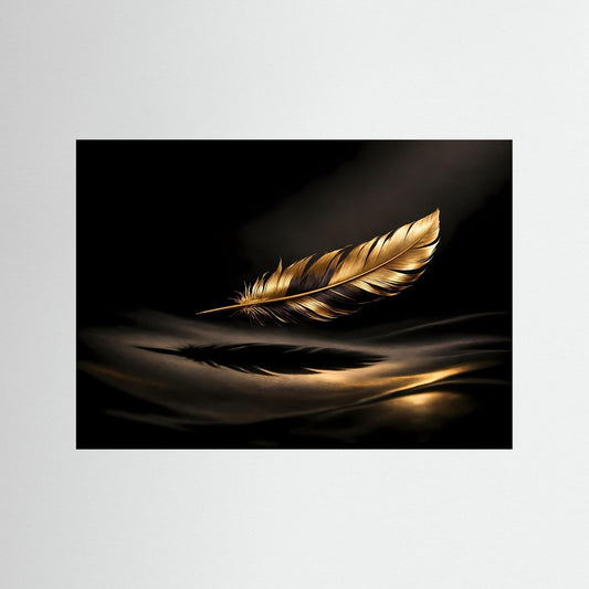 Wandbild mit goldener Feder auf dunklem Hintergrund, goldene Spiegelung unter der Feder