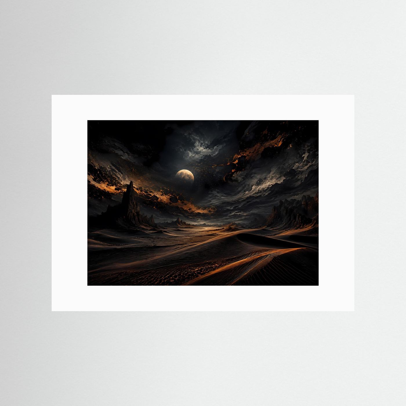 Mystische Wüste bei Nacht | Mondlandschaft Wandbild | Dunkle Dünen mit Gold Licht | Abstrakte Wüstenkunst | Premium Leinwand Poster