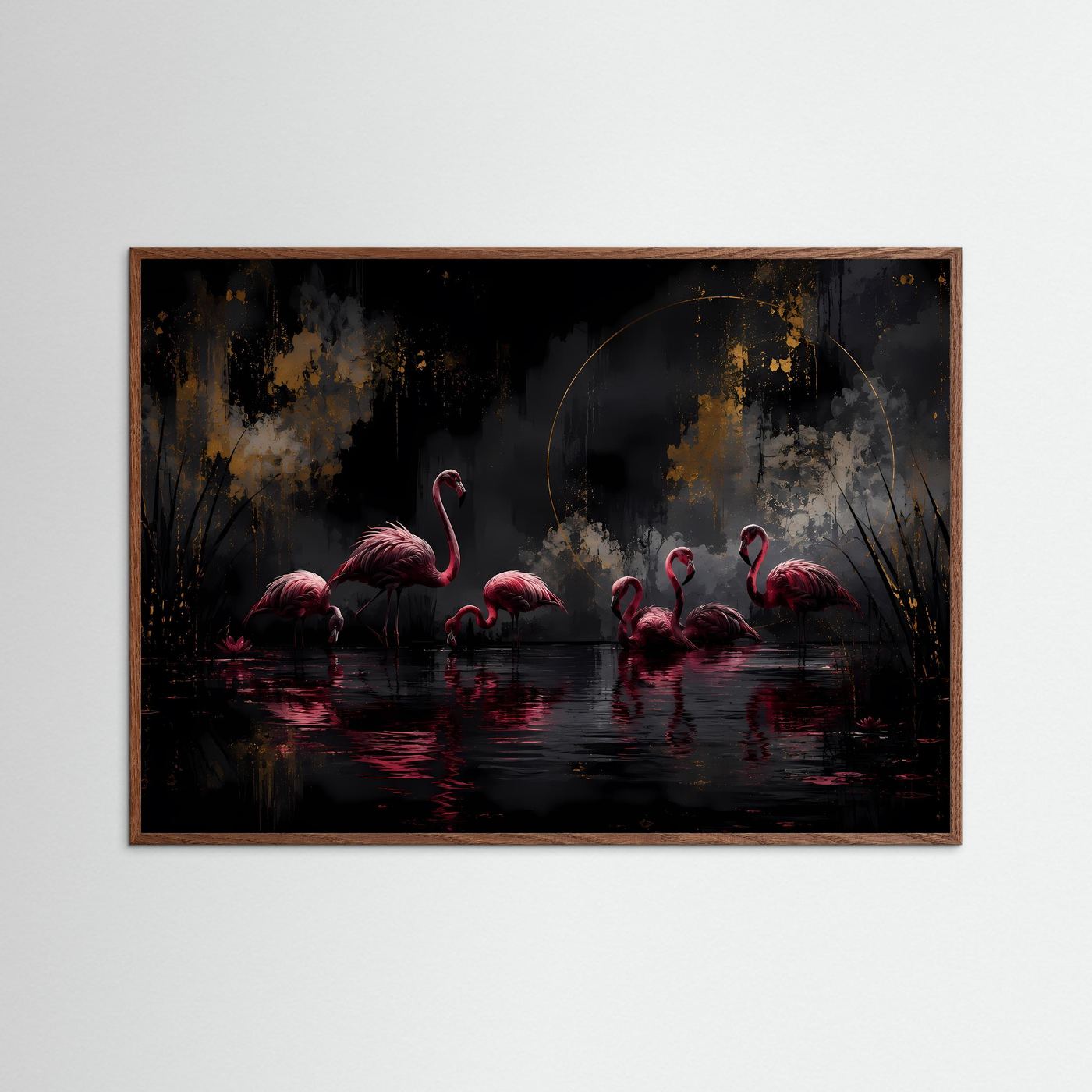 Flamingos in der Dunkelheit | Elegante Schwarz-Gold Wandkunst mit Pink – Modernes Poster Querformat