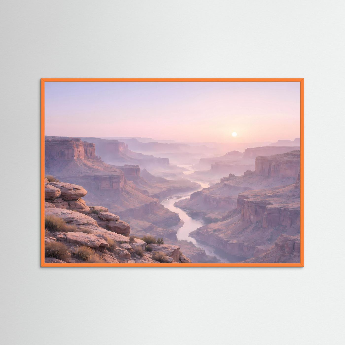 Canyon-Wandbild im orangefarbenen Rahmen, Panoramaansicht mit Schlucht und Sonnenaufgang
