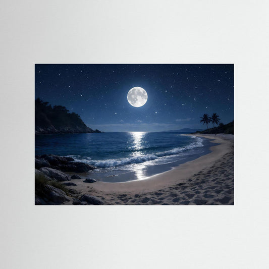 Poster Querformat: Mond über Sandstrand bei Nacht, schwarzer Rahmen