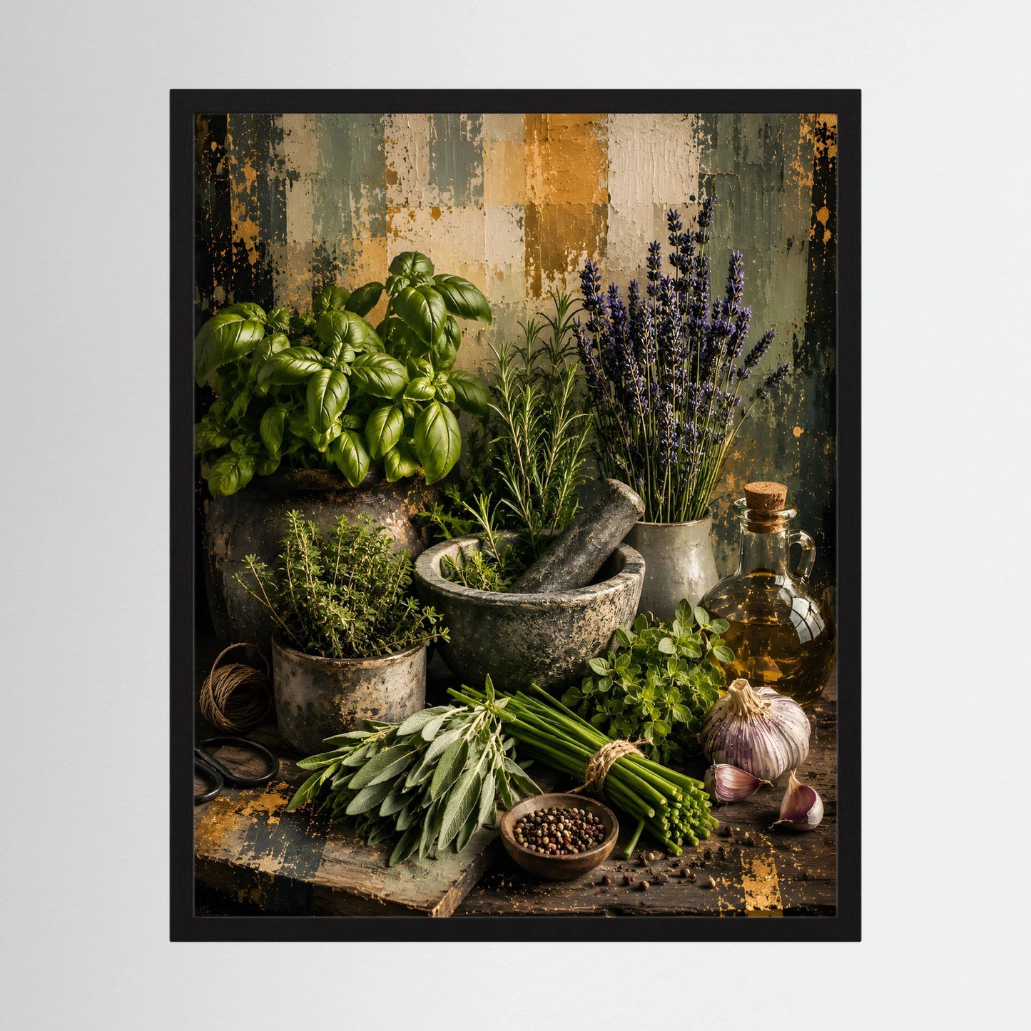 Gerahmtes Küchenposter mit Kräuterstillleben: Basilikum, Lavendel und Gartenkräuter