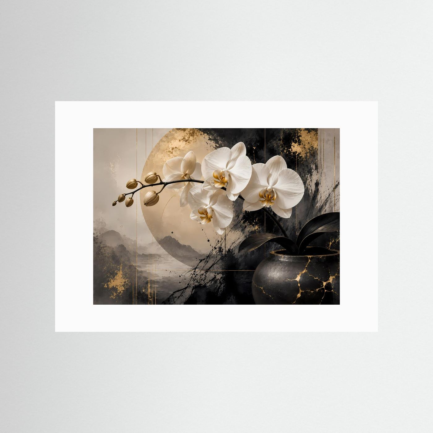 Elegante Orchidee in Schwarz, Weiß & Gold | Botanische & Abstrakte Kunst Wandbild