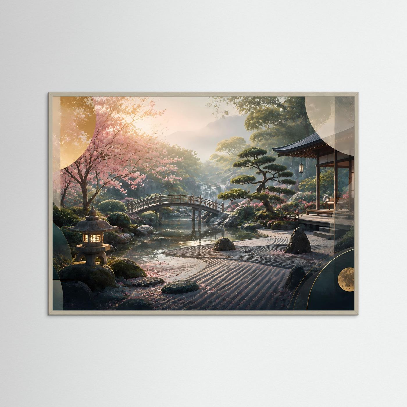 Japanischer Zen Garten Poster Querformat | Kirschblüten, Bonsai & Japanische Brücke | Asiatisches Wandbild in Rosa, Grün & Gold
