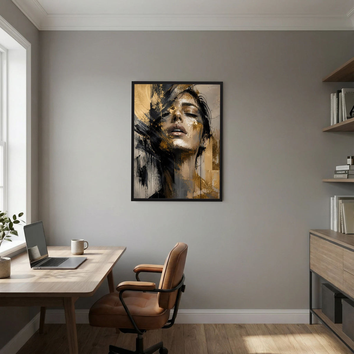 Gerahmtes Poster mit abstraktem Frauenporträt in Gold und Schwarz, Hochformat, gerade Ansicht