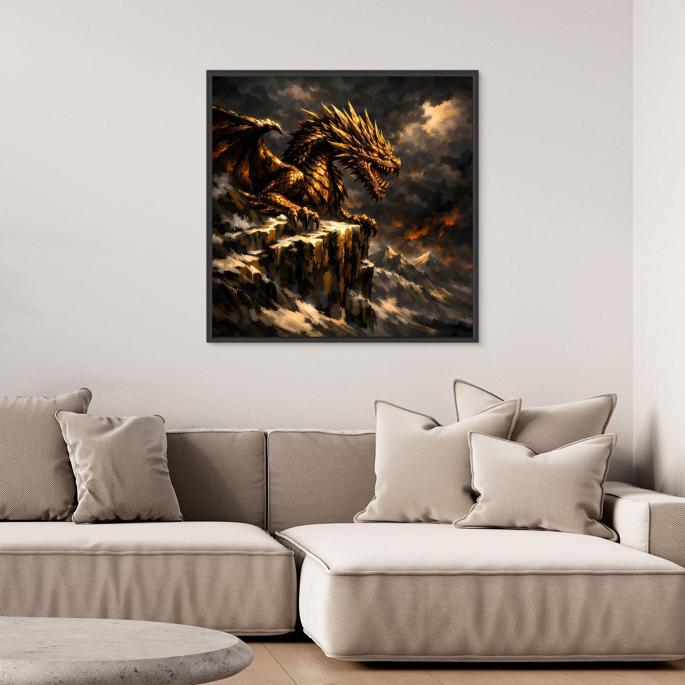 Leinwand Goldener Drache auf Felsgipfel | Episches Fantasy-Wandbild auf Keilrahmen