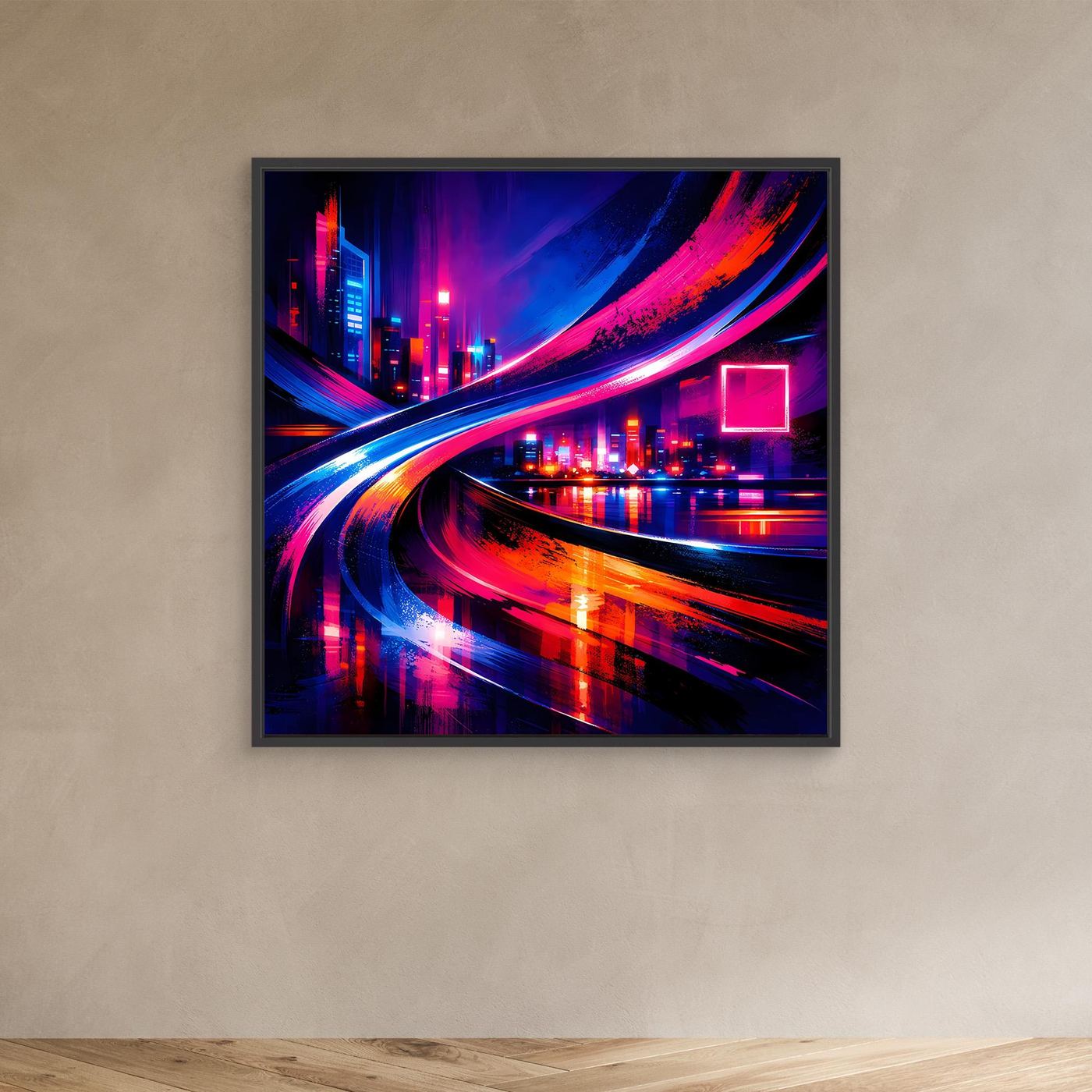 Leinwandbild mit schwarzem Rahmen, Cyberpunk-Neon-Skyline und rote-blaue Lichtspuren