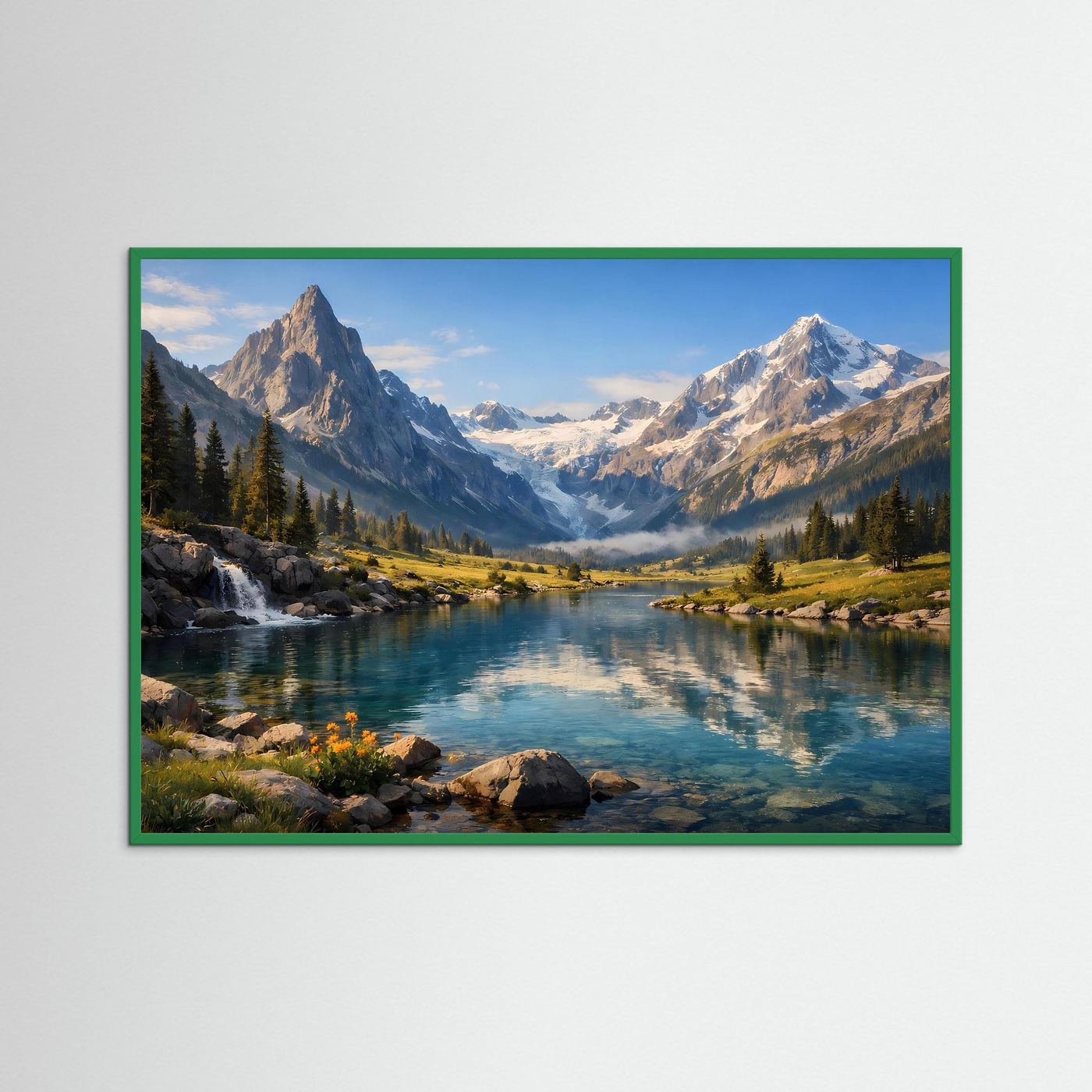Panorama-Naturposter mit Alpen und Bergsee im Querformat, grüner Rahmen