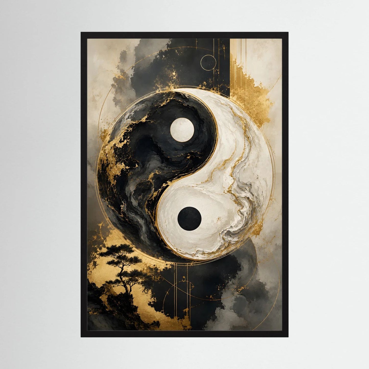 Wandbild im Hochformat mit Yin-Yang-Motiv in Schwarz, Weiß und Gold, schwarzer Rahmen