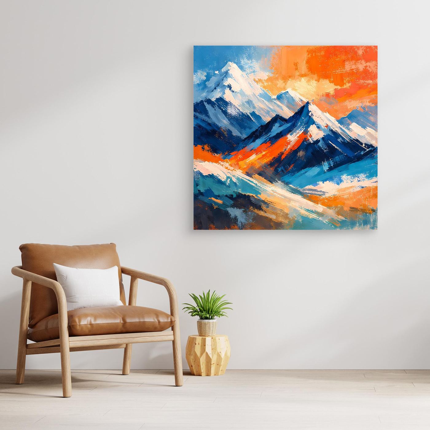 Abstraktes Leinwand-Berggemälde ohne Rahmen, Farbverlauf in Blau, Orange und Weiß