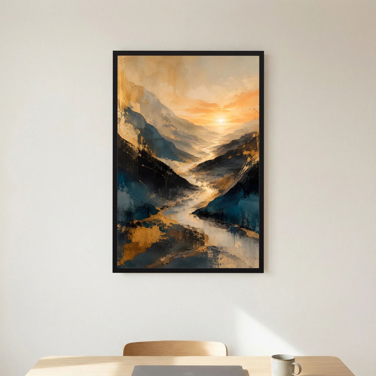 Kunstposter im Hochformat: abstraktes Bergtal mit Fluss, Gold-Sonnenmotiv, blauer Farbverlauf, schwarzer Rahmen