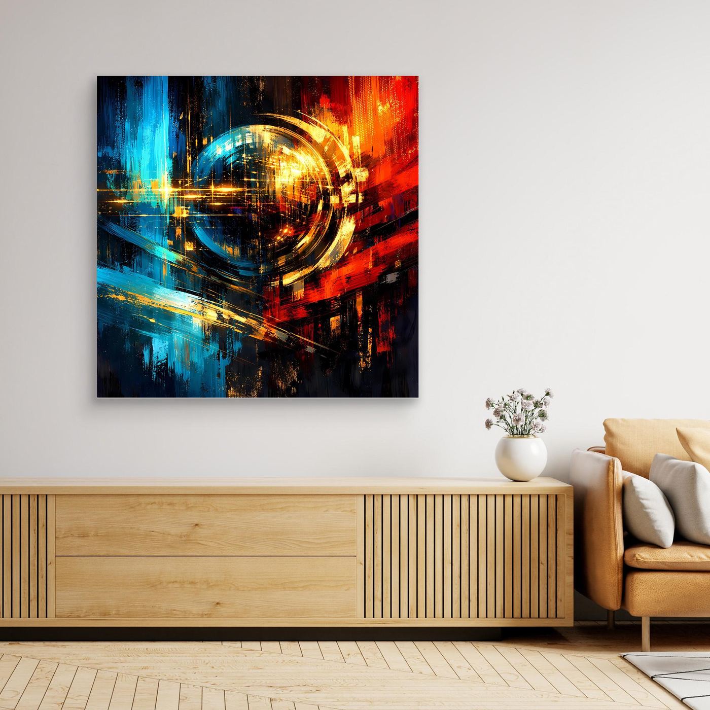 Quadratisches Leinwandbild mit abstraktem Lichtkreis in Blau, Rot und Gold, mit dunklem Rand