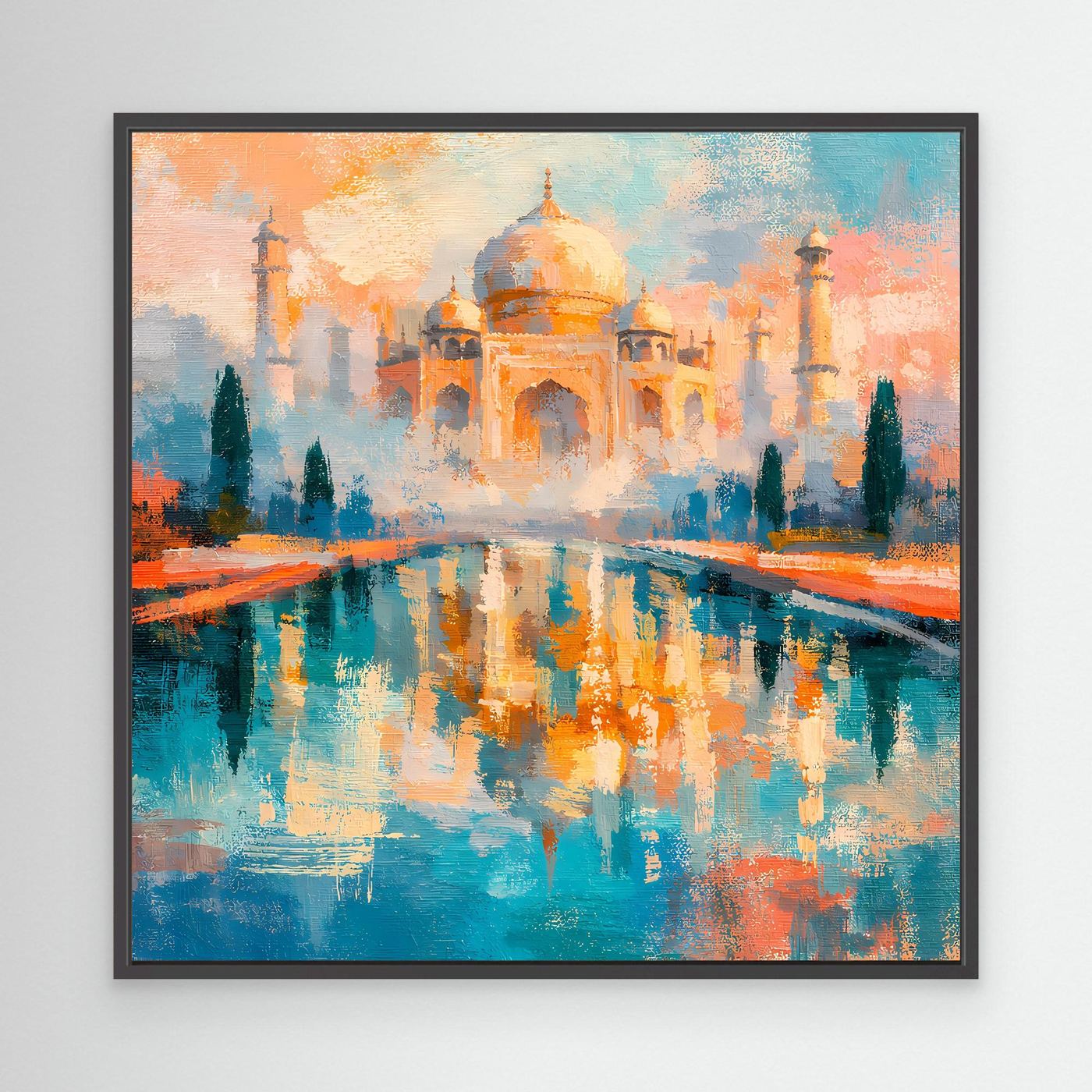 Gerahmtes Leinwandbild (schwarz) mit abstraktem Taj Mahal und Spiegelung, türkisfarbene Flächen