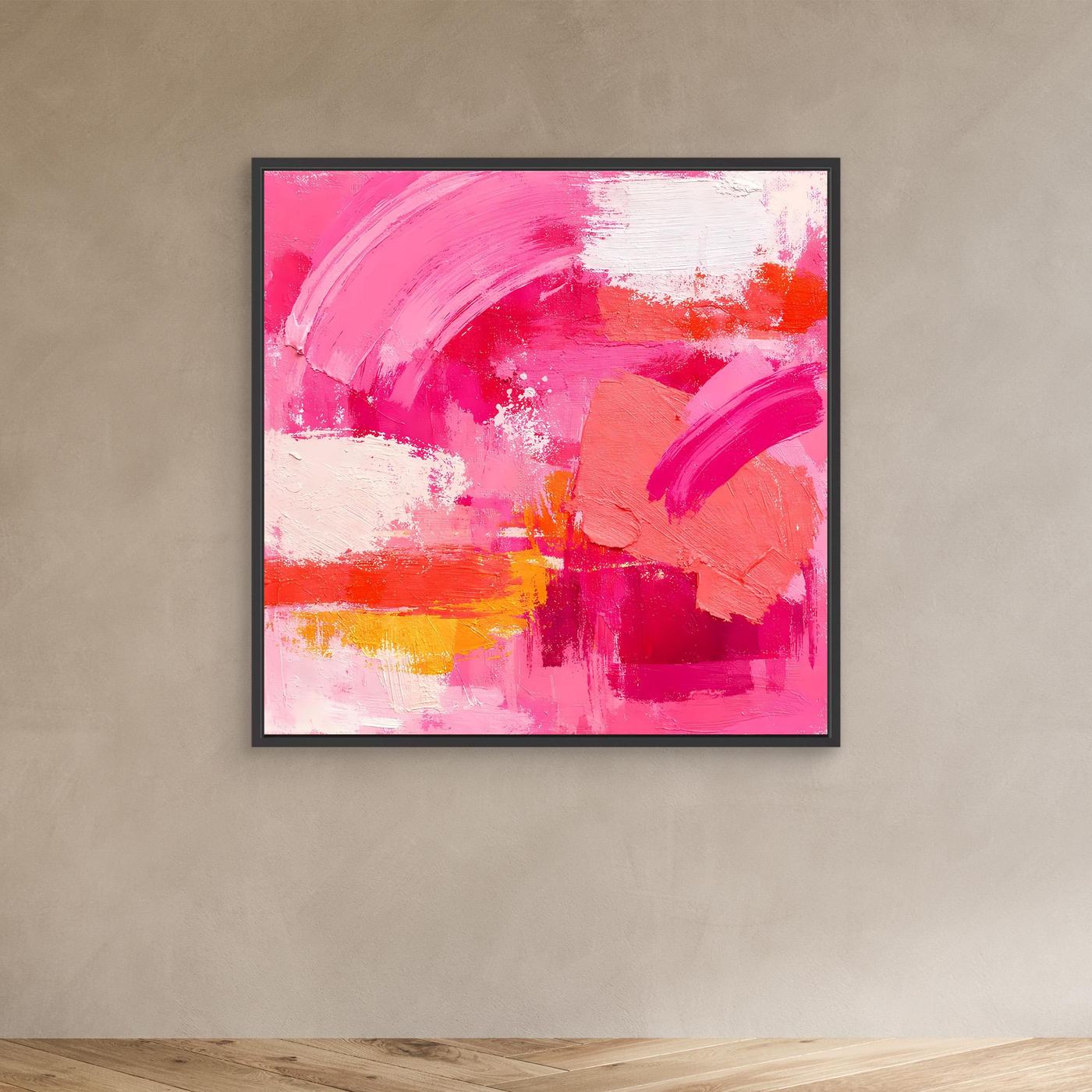 Abstraktes Leinwandbild im schwarzen Rahmen, rosa Farbfelder mit orange und weißem Auftrag.