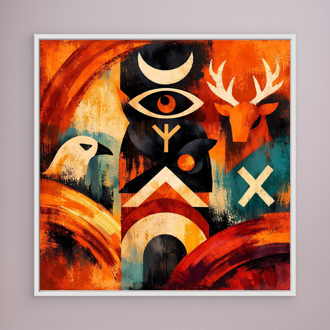 Leinwandbild mit abstraktem Totem und Runen, warmes Orange-Rot, weiß gerahmt