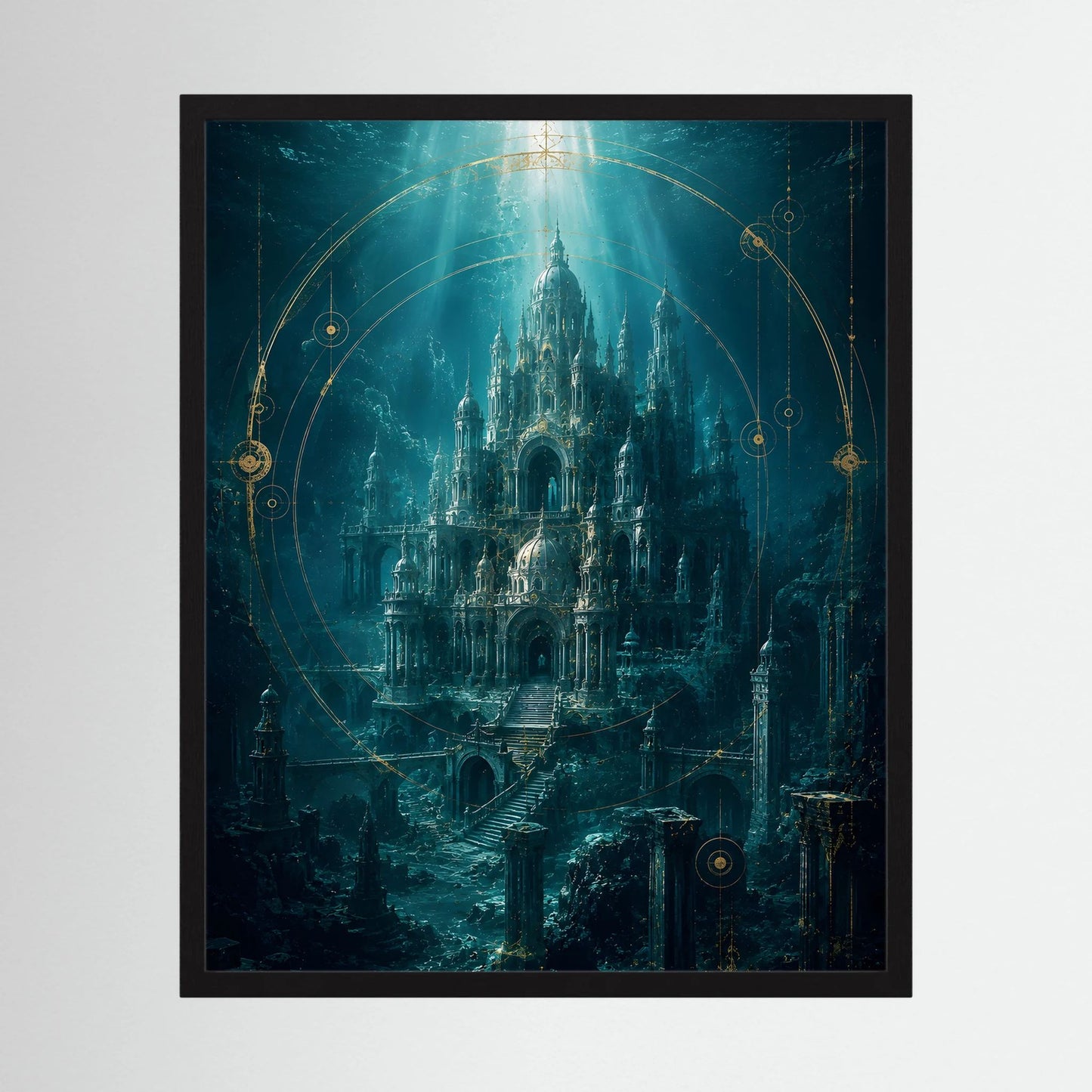 Gerahmtes Kunstposter mit Unterwasserstadt in Türkis und Gold, goldene Kreise und Symbole