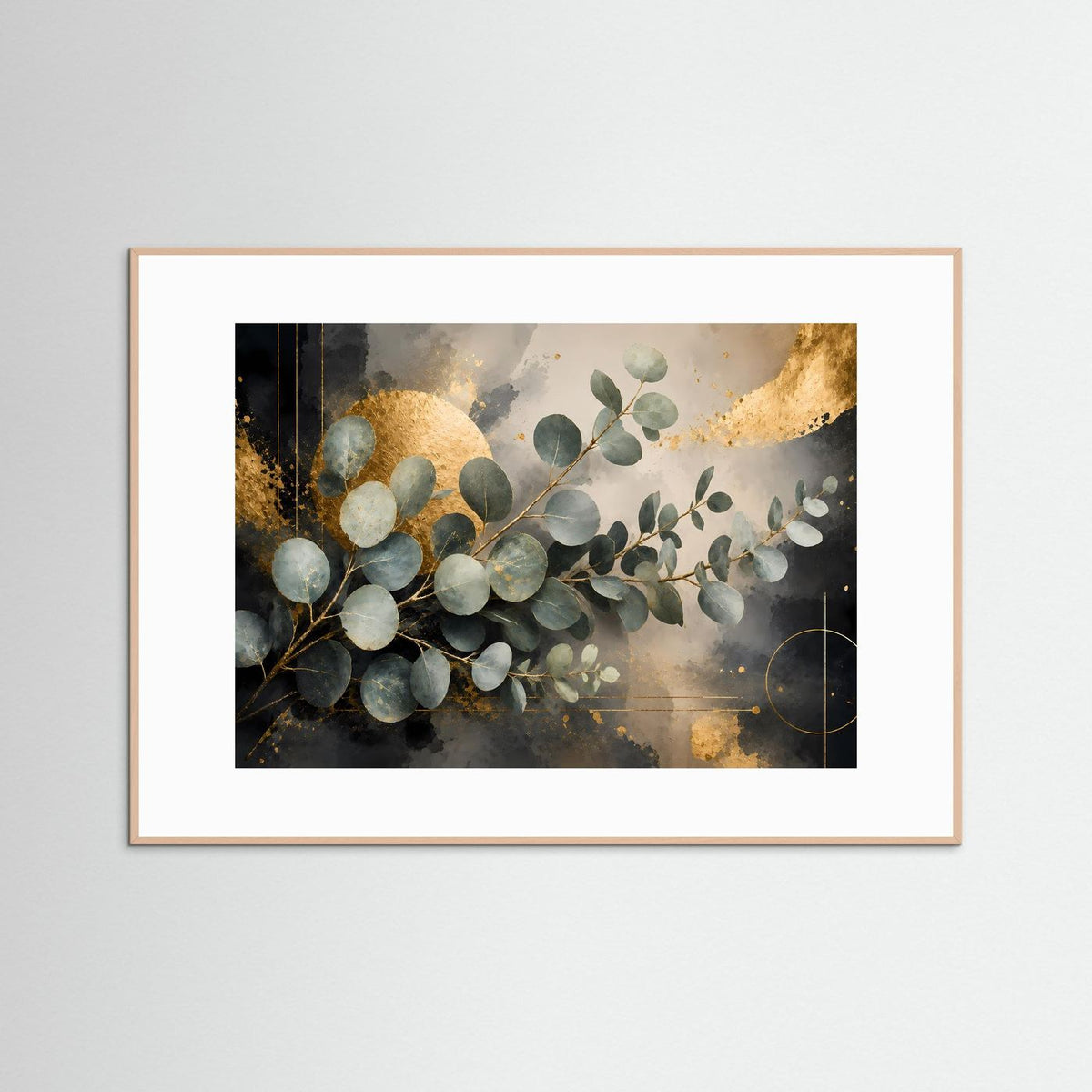 Eukalyptus-Poster im Querformat mit rosafarbenem Holzrahmen und goldschwarzer Botanikkunst