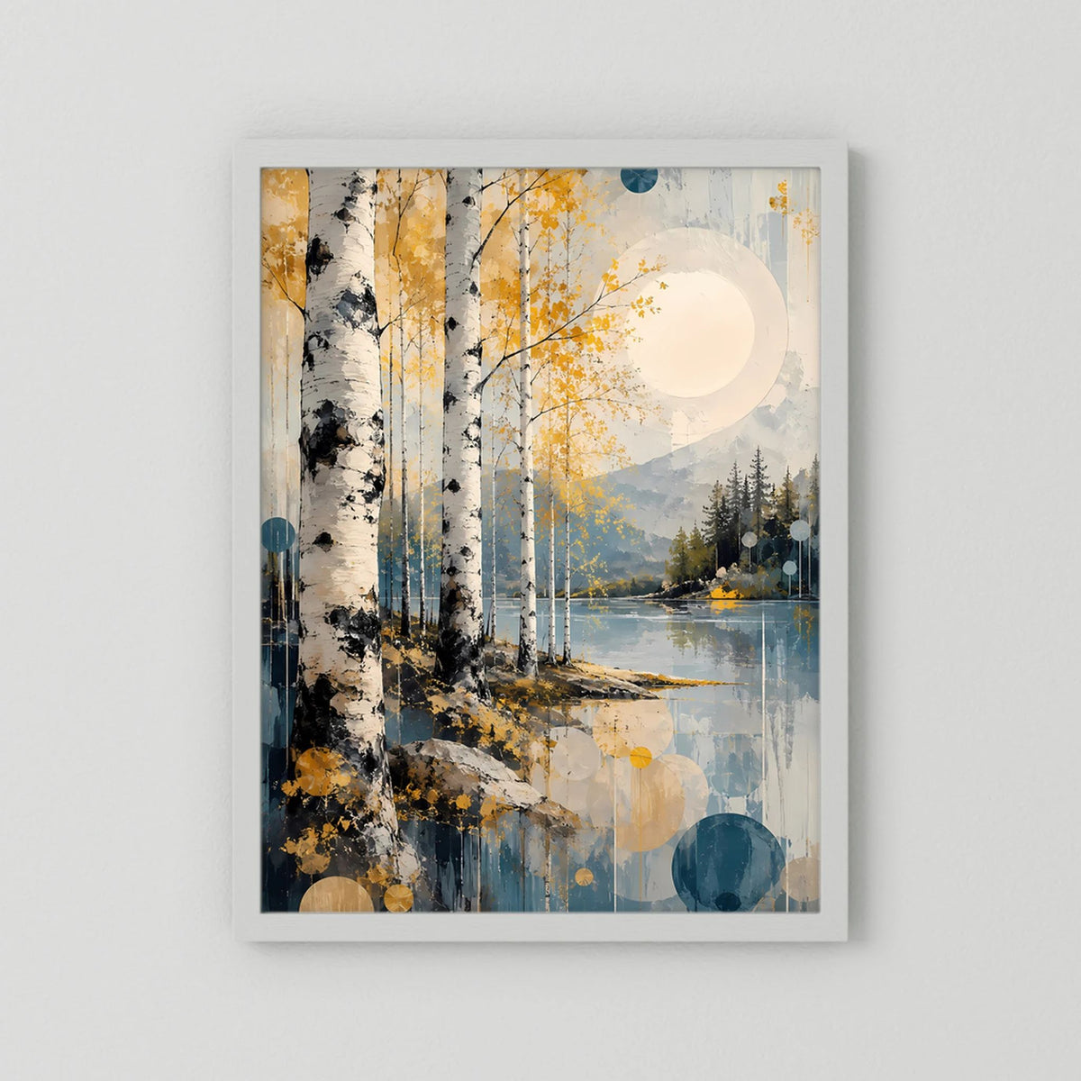 Hochformatiges Poster mit abstrakter Waldlandschaft, Gold- und Blauakzenten, weißer Rahmen