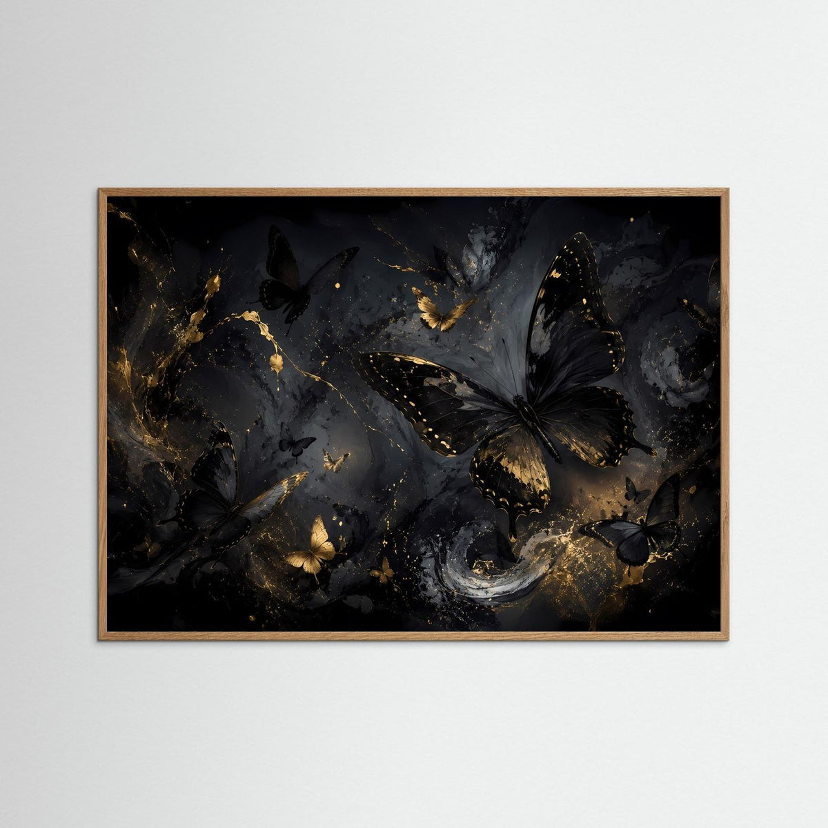 Schmetterlings-Wandbild mit dunklem Holzrahmen und dunklem Gold-Schmetterlingsmotiv